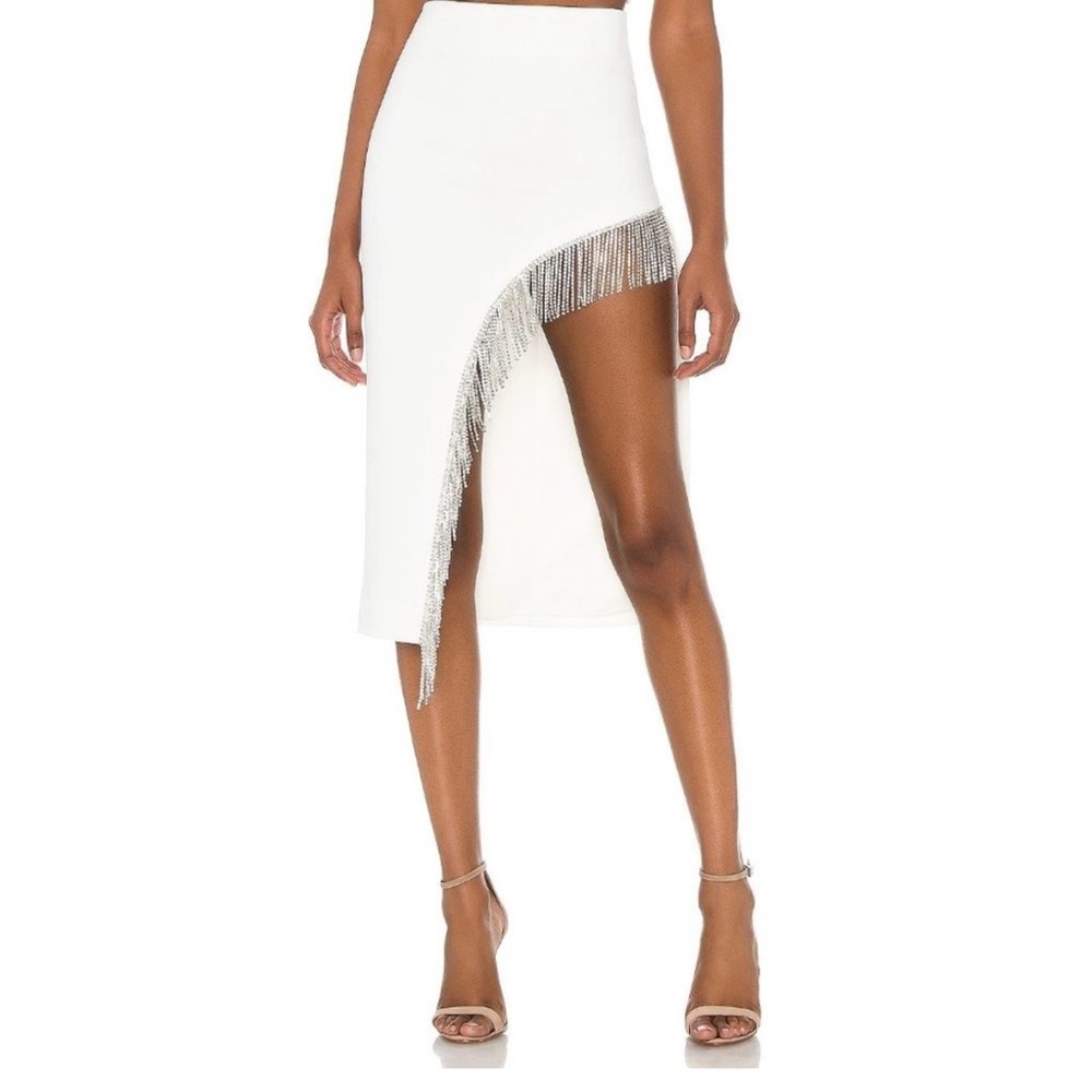 NWT NBD Robb Skirt - White Asymmetrical Skirt with Rhinestone Fringe